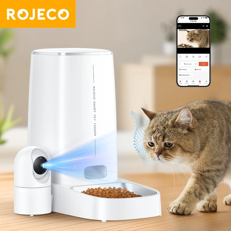 ROJECO-comedero automático para gatos, 4L, con cámara de vídeo, dispensador de comida para gatos, WIFI, llamadas de voz inteligentes, alimentador automático para gatos, perros y mascotas