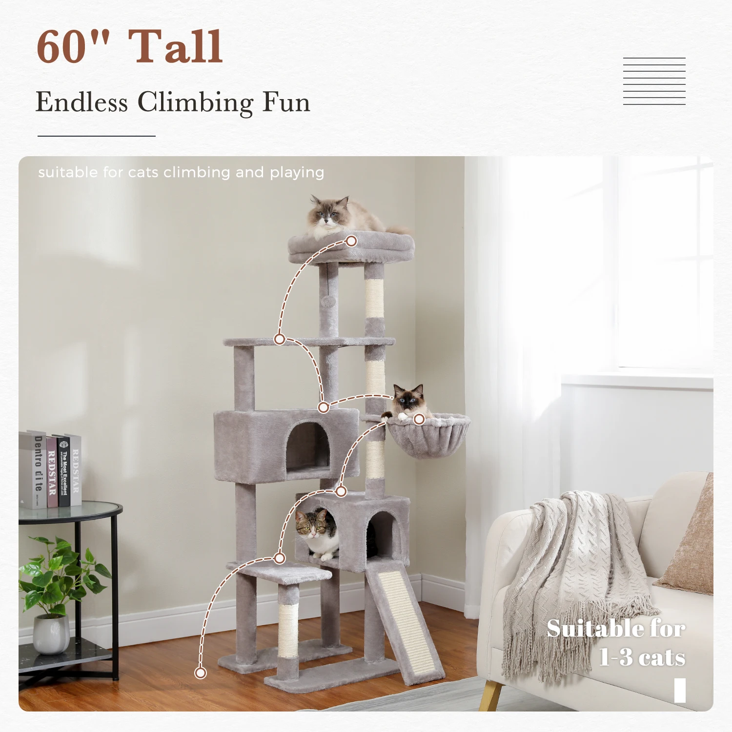 Árbol para gatos de varios niveles con postes para rascar cubiertos de Sisal, condominios espacios, hamaca acogedora, perca, torre para gatos de peluche para juguetes de interior - imagen 2