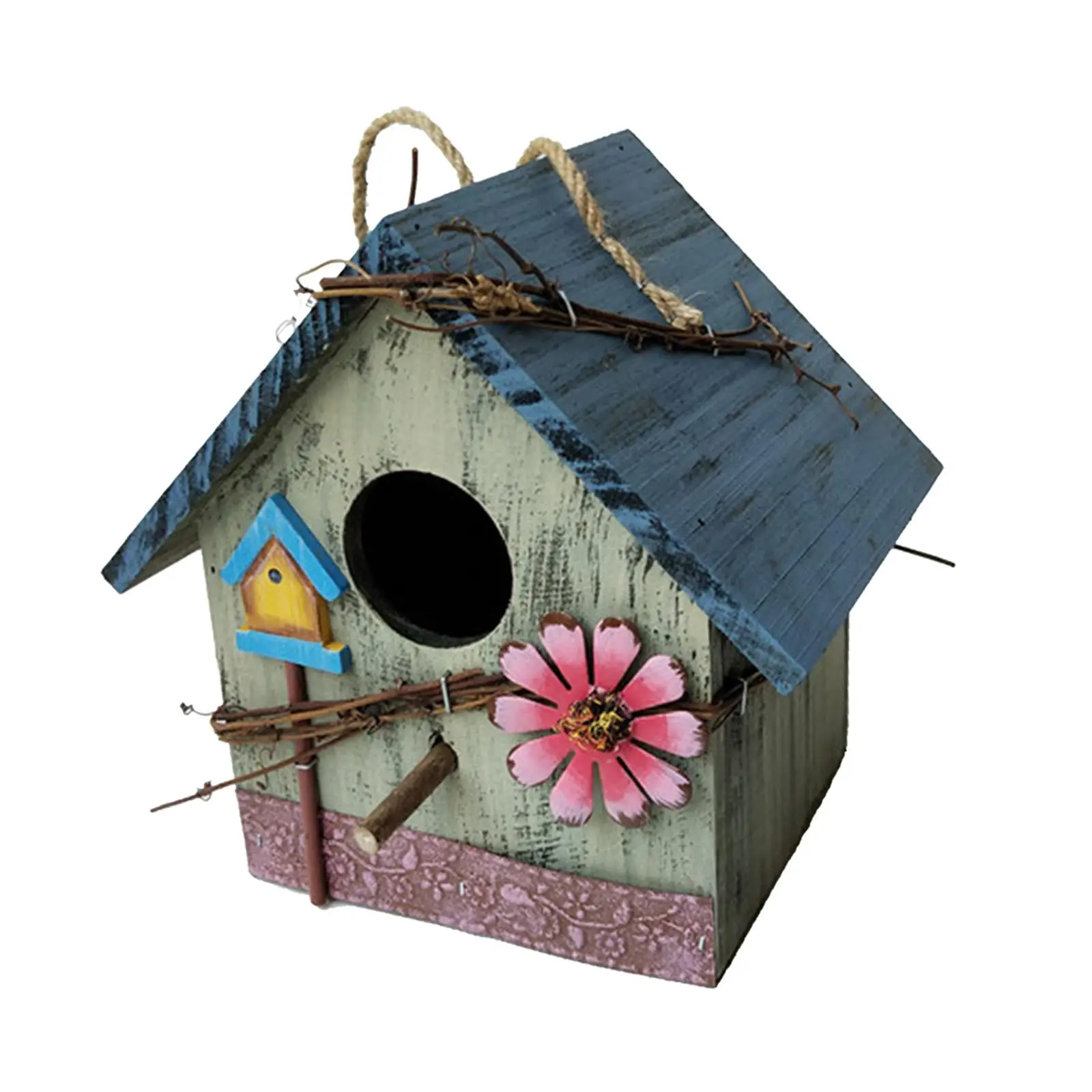 Hand-painted Bird House w/Flowers Outdoor Porch Rustic Decorative Birdhouses
