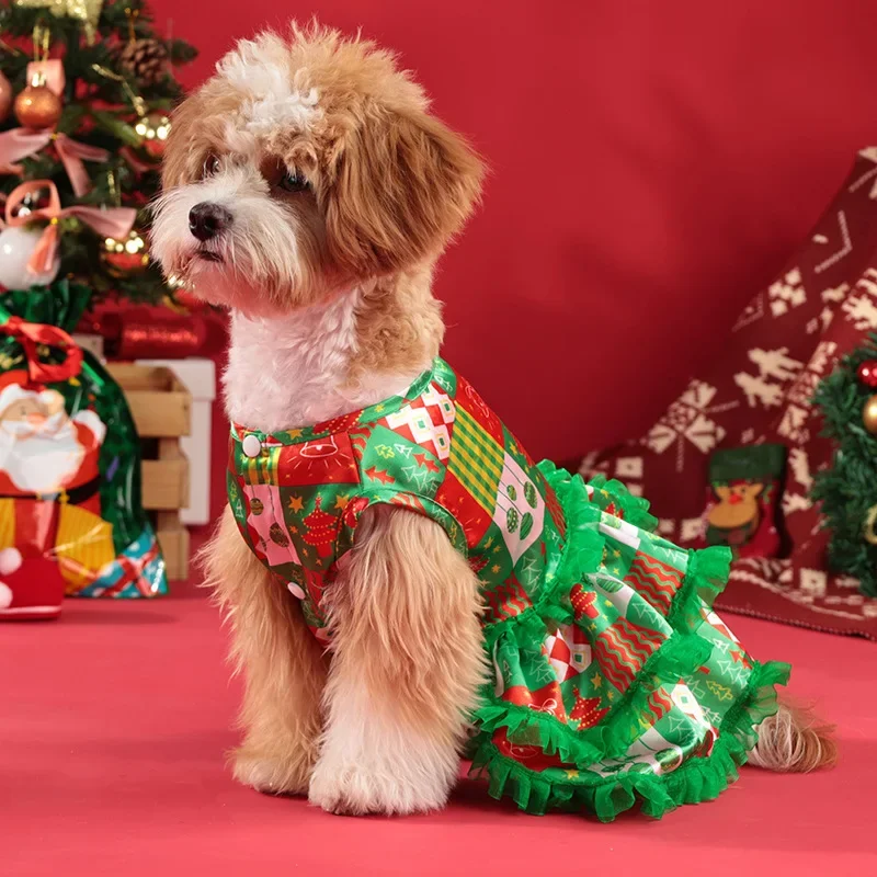 Traje festivo de Navidad para mascotas, vestido para perros en capas con árbol de Navidad para perros pequeños y medianos, - imagen 4