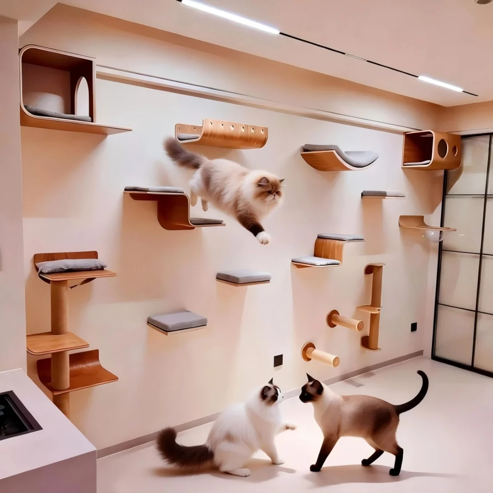 Diseño integrado de árbol para gatos con funciones de rascado y descanso