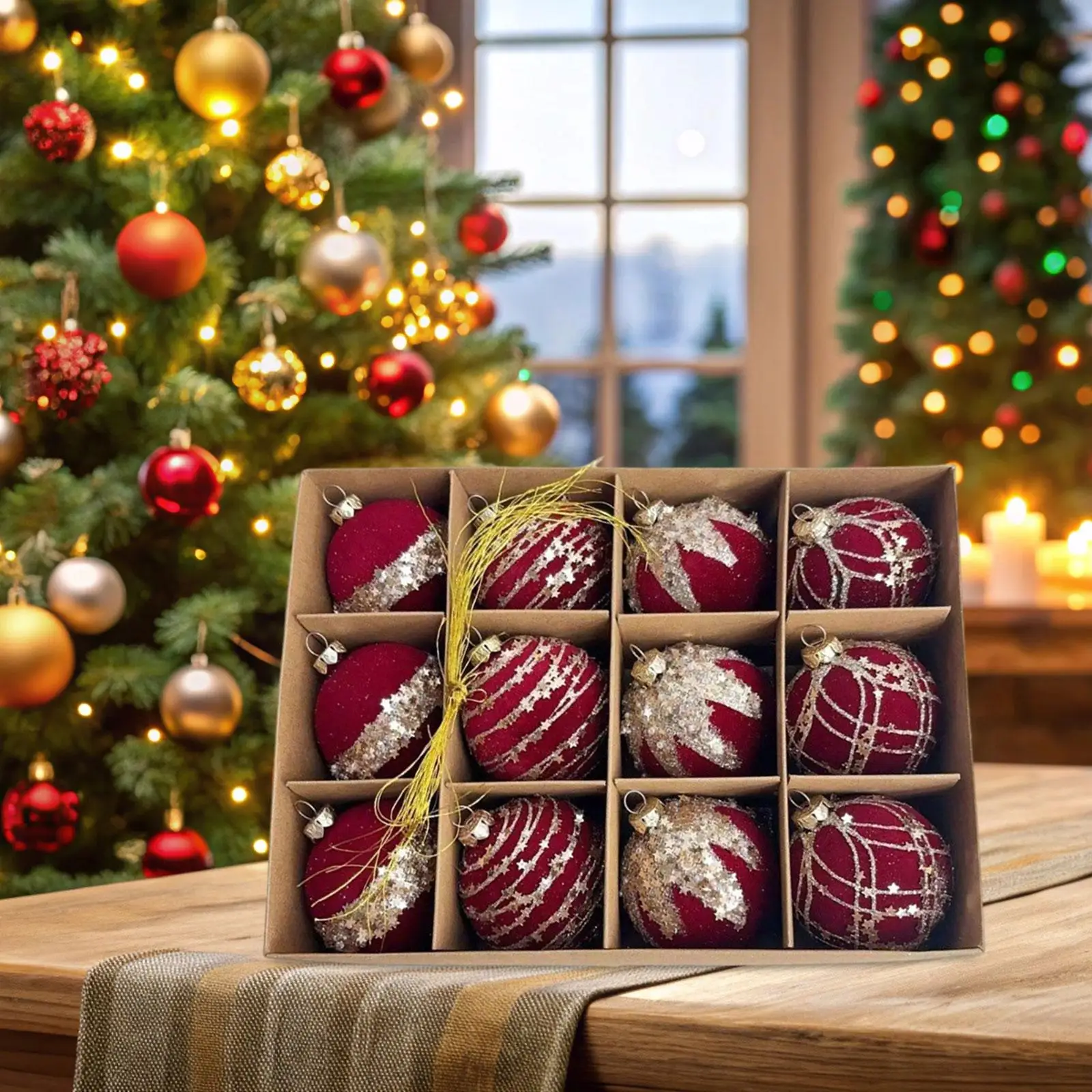 Glitter Christmas Balls Set Flocking Tree Hanging Ornaments for Christmas Home Decoration and Parties