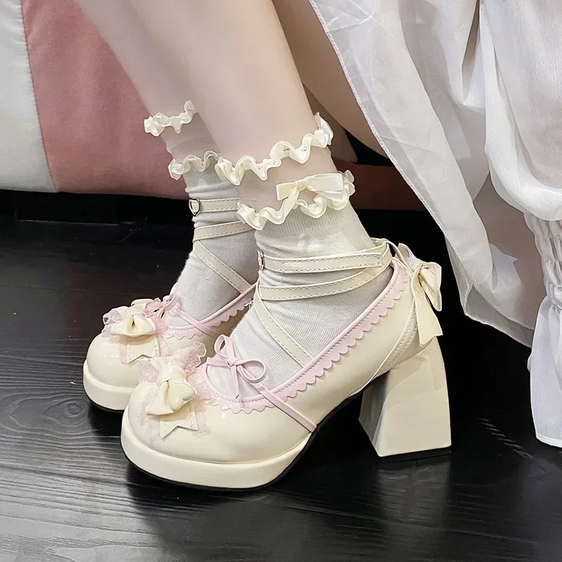 Tacones altos de tacón grueso azul, bonitos zapatos de mujer con nudo de lazo, zapatos planos de verano con plataforma a prueba de agua de Lolita dulce, mocasines con punta redonda