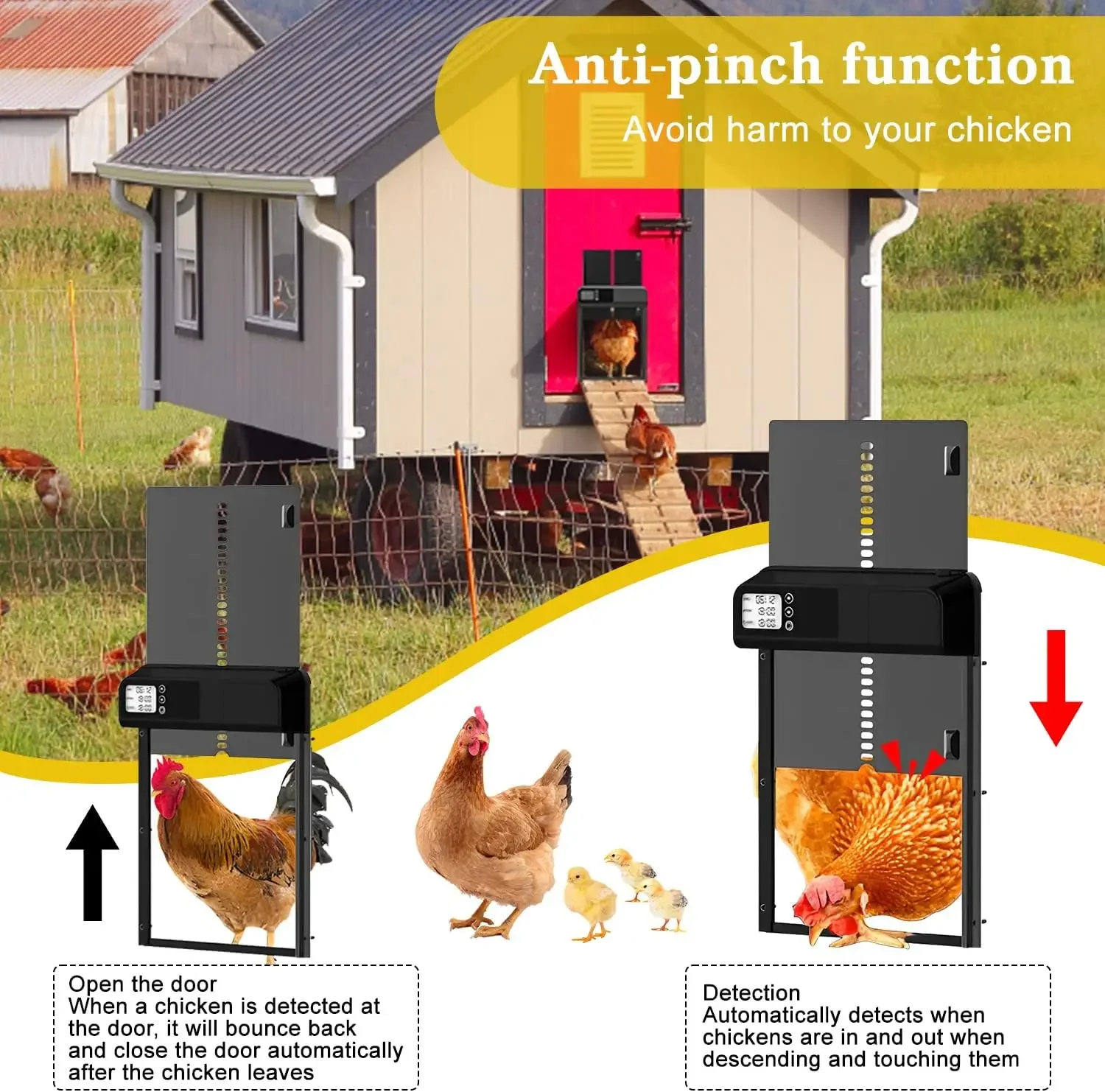 ATUBAN Puerta automática para gallinero, puerta automática de aluminio con temporizador, abridor automático con función antipellizco, funciona con pilas - imagen 3