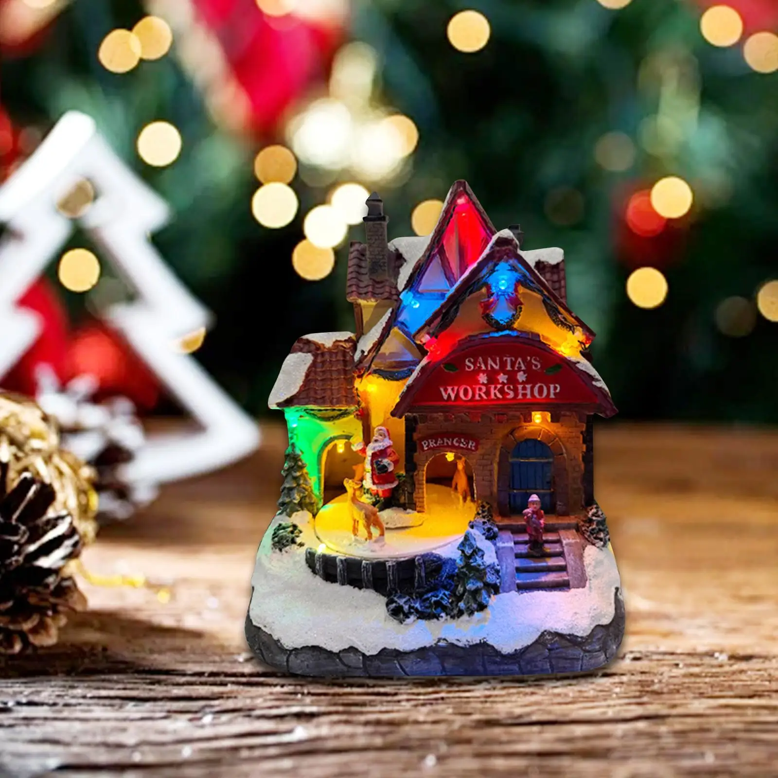 Estatua de casa de Navidad con música ligera, adorno de mesa artesanal, decoración navideña de resina micropaisaje para vacaciones en casa - imagen 2