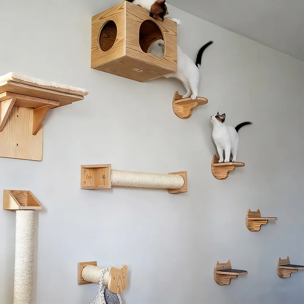 Sistema de escalada para gatos montado en la pared, postes rascadores de madera para gatos y puente de suspensión para crear espacio de actividades para gatos en interiores - imagen 3