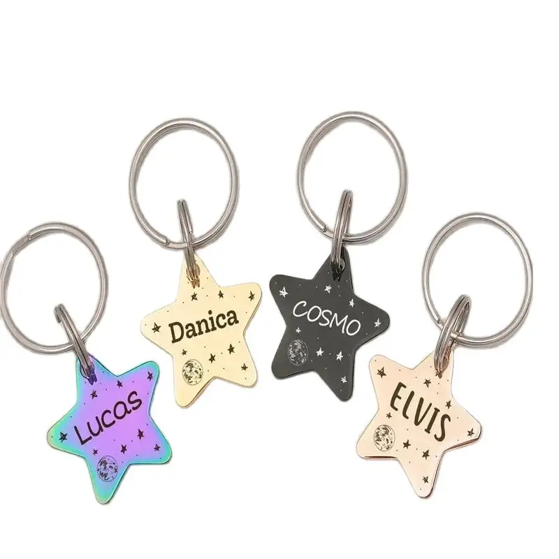 Personalizar etiqueta de mascota en forma de estrella con llavero, placa de teléfono con nombre de perro de acero inoxidable, colgante de acero, accesorios para hacer joyas