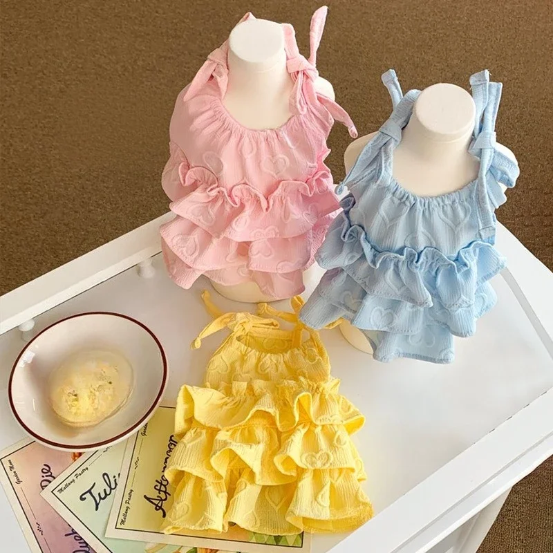 Ropa de encaje para pastel de mascotas, falda de pastel con tirantes de amor de verano, falda de Pong para perro de peluche, camiseta sin mangas corta con lazo, ropa para perros pequeños - imagen 4