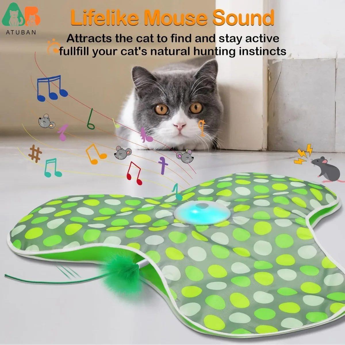 Juguete 2 en 1 con plumas y ratón chirriante recargable para gatos - imagen 3