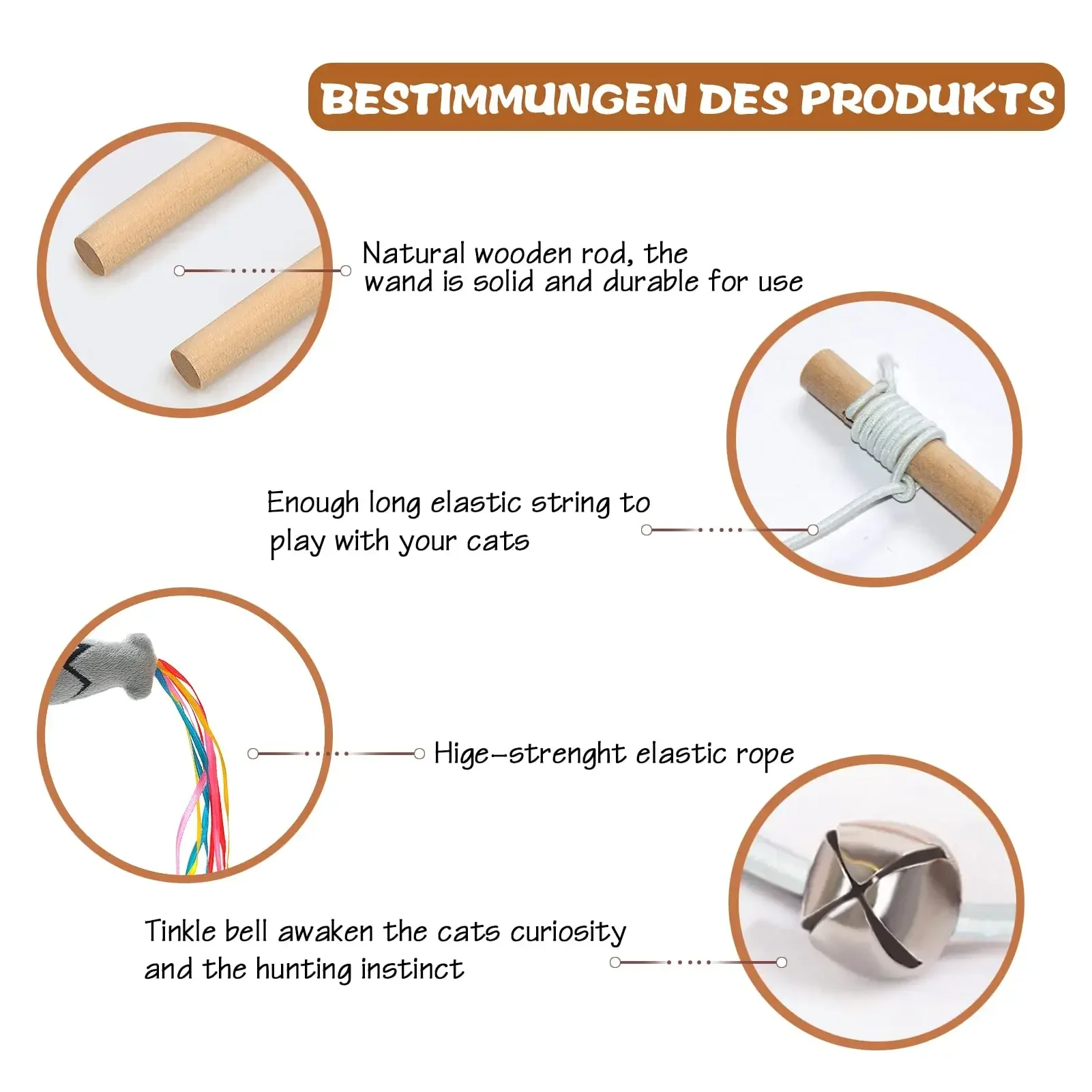 Varita de madera Natural para gato, cuerda elástica interactivo de juguete, palo - imagen 4