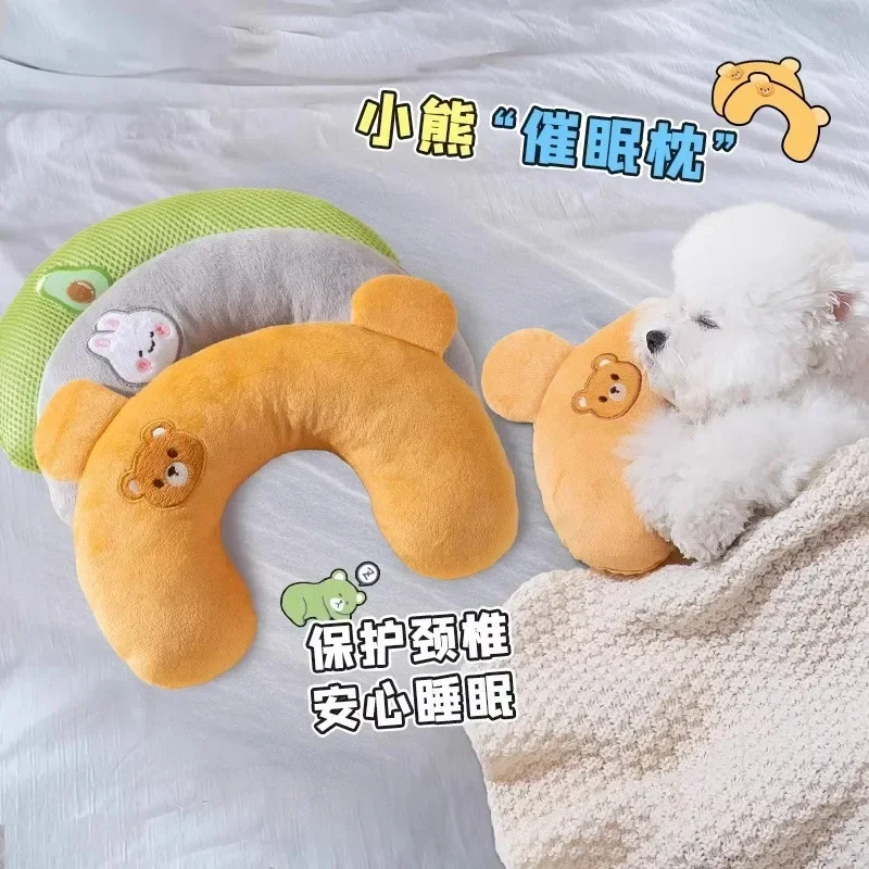 Lindo mascota Universal transpirable dibujos animados bordado en forma de U almohada gato almohada para dormir suministros para perros - imagen 2