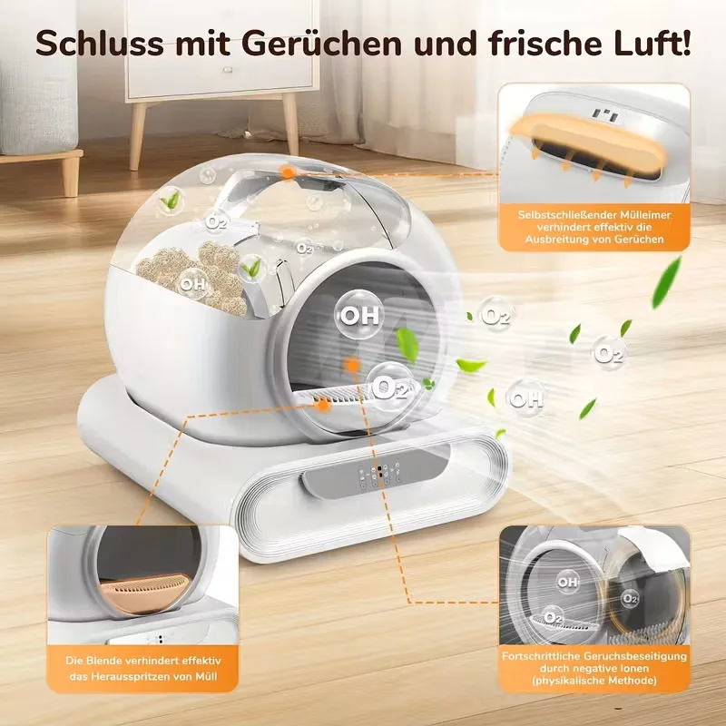 Caja de arena automática para gatos de 65L, autolimpiante, totalmente cerrada, bandeja de inodoro inteligente para mascotas, Panel de aleación para múltiples gatos - imagen 2