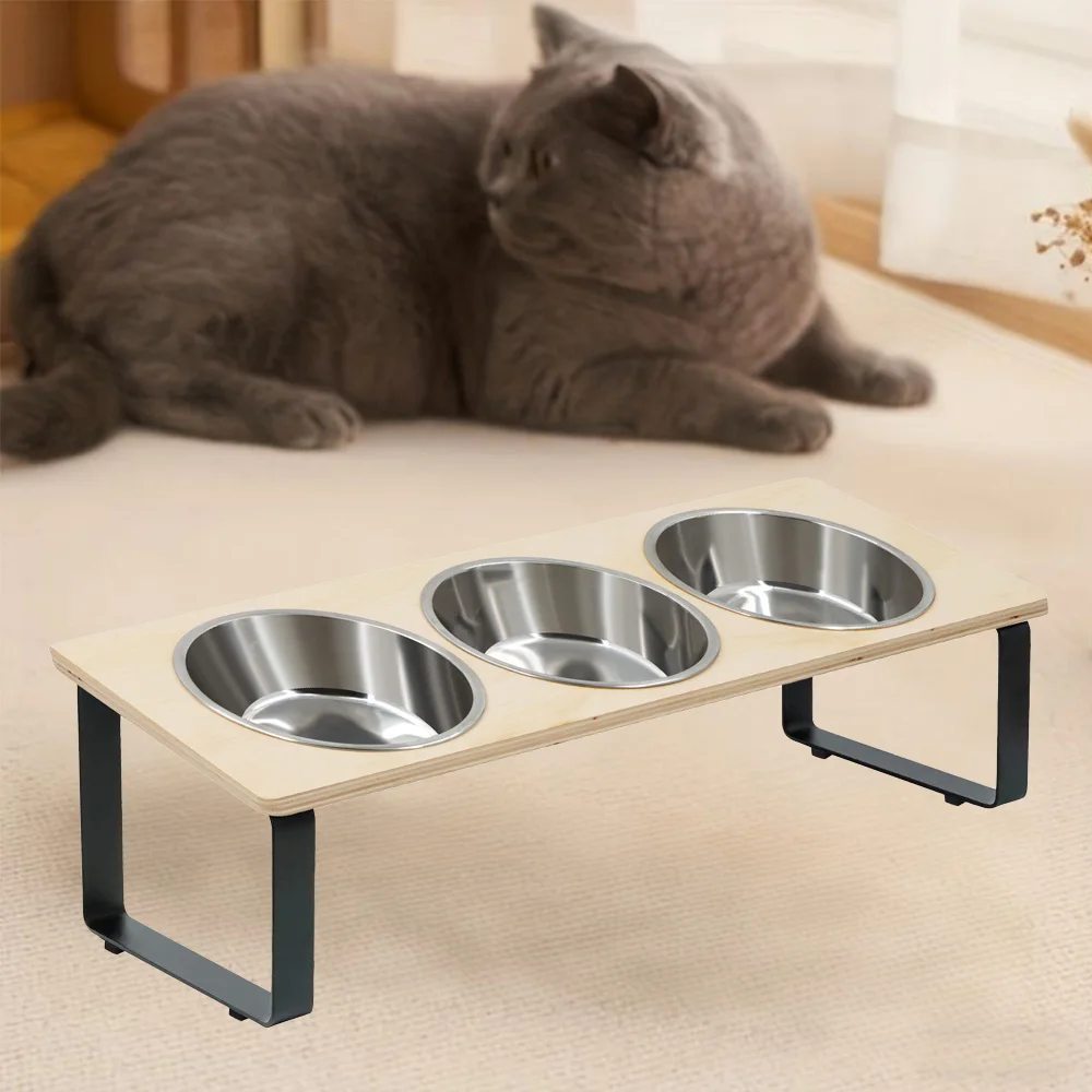 Comedero elevado para mascotas, 3 tazones de acero inoxidable con soporte de madera, cuenco de agua elevado para comida de gato para gatos y perros pequeños, alimentación saludable - imagen 4