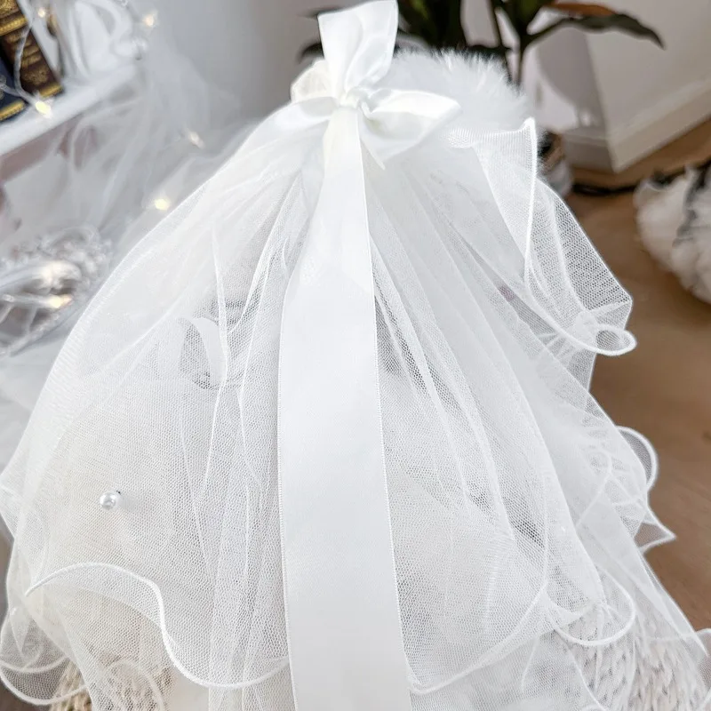 Tocado con lazo para boda, velo para perro, Bandana para gato, cinta de flores de simulación, velo, accesorios para el cabello para perro, fiesta del Día de San Valentín - imagen 2