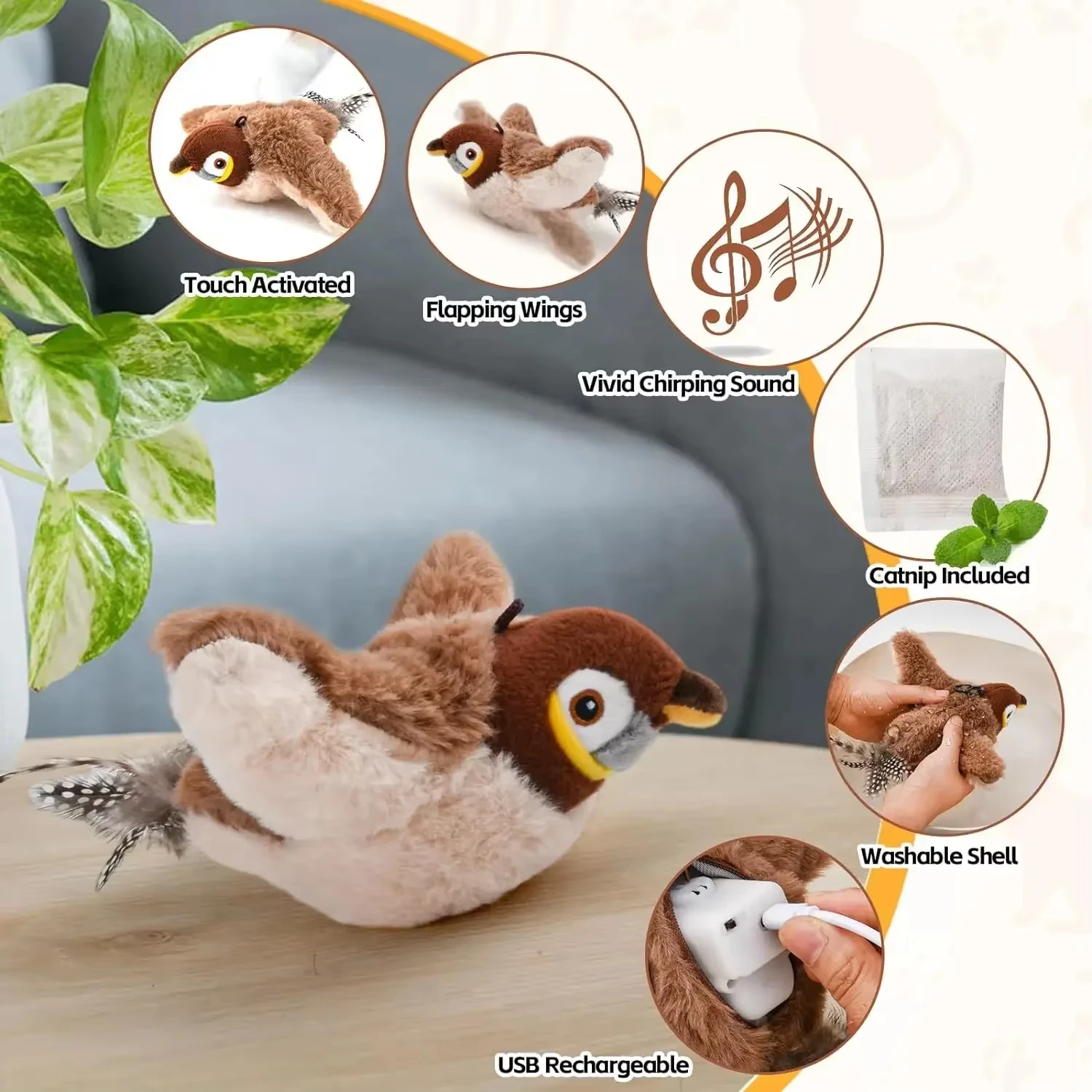 Juguetes interactivos para gatos, pájaro batiente recargable (sin volar) con hierba gatera para gatos de interior, juguetes de peluche activados por tacto - imagen 3