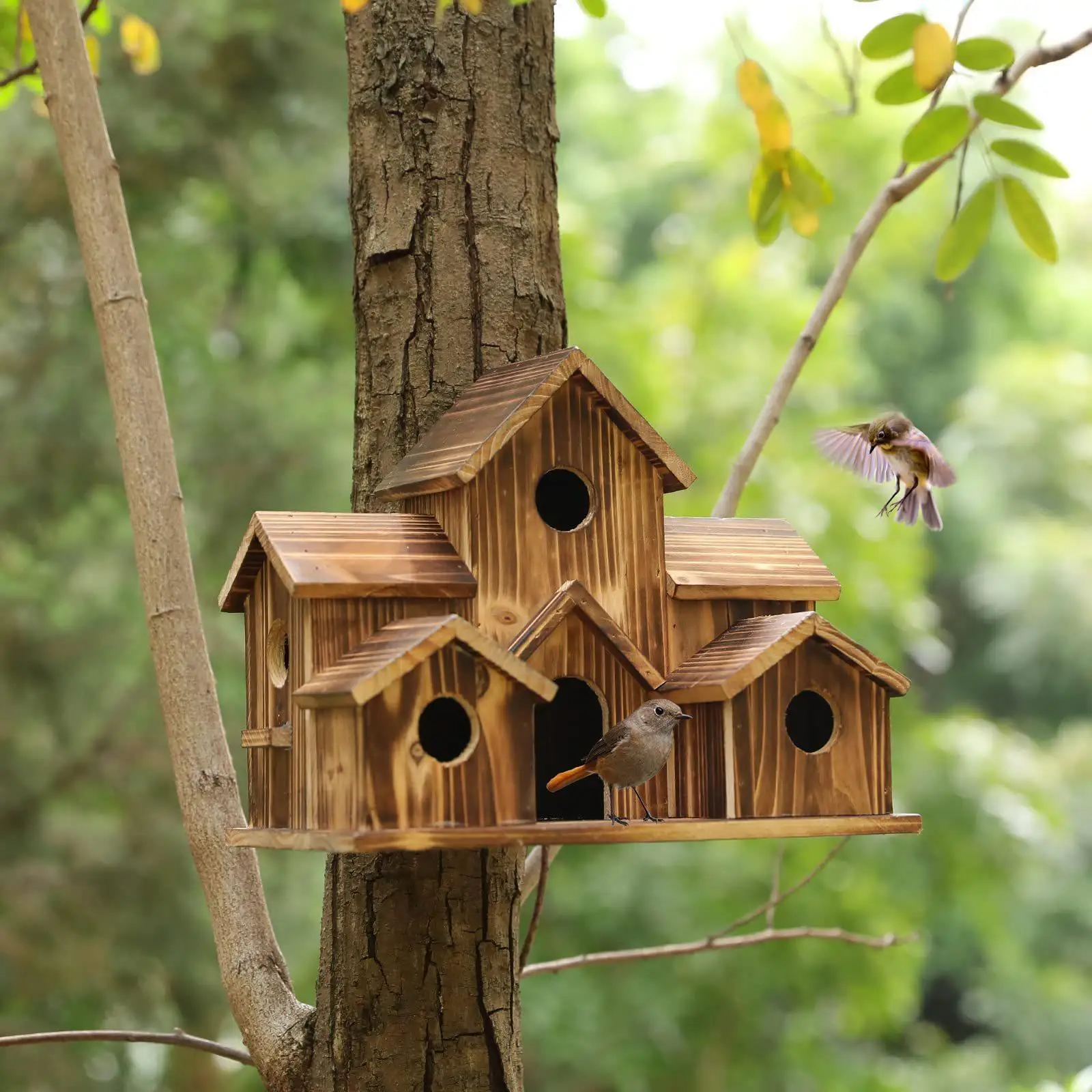 Wooden Bird House Bird Cage Garden Decor, Rustic Hanging Birds Hut Hummingbird Nest, Hanging Bird Feeder for Yard Outdoor