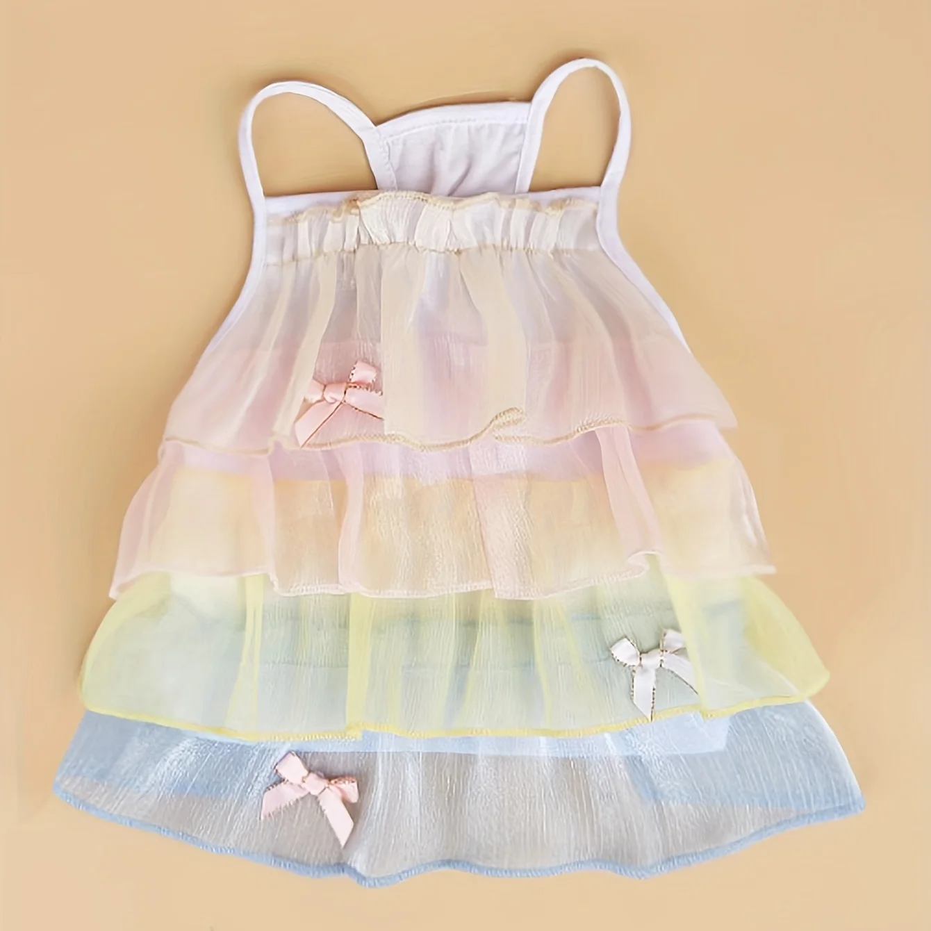 Vestido de verano para cachorros, falda escalonada de tul arcoíris, lindo traje con tirantes para cachorros, ropa de hada para mascotas con lazos, ropa transpirable para perros pequeños - imagen 3