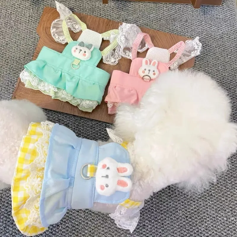 Lindo vestido de princesa de conejo de verano para mascotas, arnés para perros pequeños, camiseta sin mangas fina a cuadros de verano, ropa para perros pequeños - imagen 3