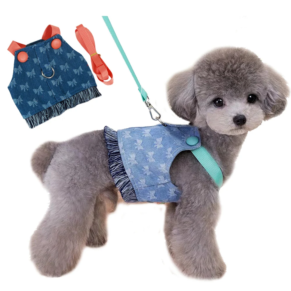 Nuevo Juego de arnés y correa para perros pequeños, chaleco vaquero lavado oscuro para cachorros, arnés con borlas, pantalones vaqueros para mascotas, arnés de mariposa - imagen 5