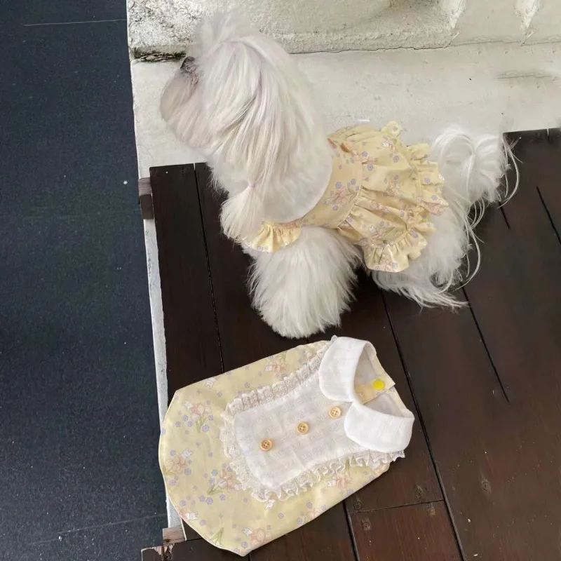 Vestido de princesa de verano para primavera y perro, nueva ropa para mascotas, Schnauzer, vestido fino Floral con cuello Halter, Bikini, ropa transpirable más fresca de Tai - imagen 5