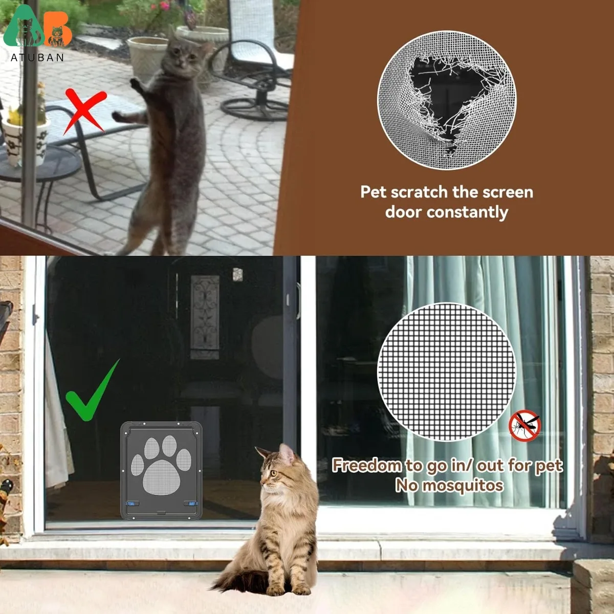 ATUBAN Puerta para mascotas con solapa magnética de 8x10 ", ABS duradero, fácil instalación, para gatos y perros pequeños, con cerradura, pantalla/puerta corredera, puerta con pantalla para gatos - imagen 5