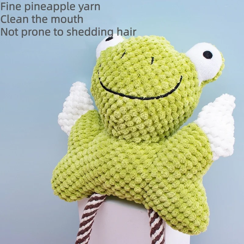 Juguetes de peluche chirriantes a prueba de mordeduras para perros, limpieza de dientes, pato de dibujos animados, forma de rana, juguete con sonido para apretar para mascotas, sonido suave y divertido