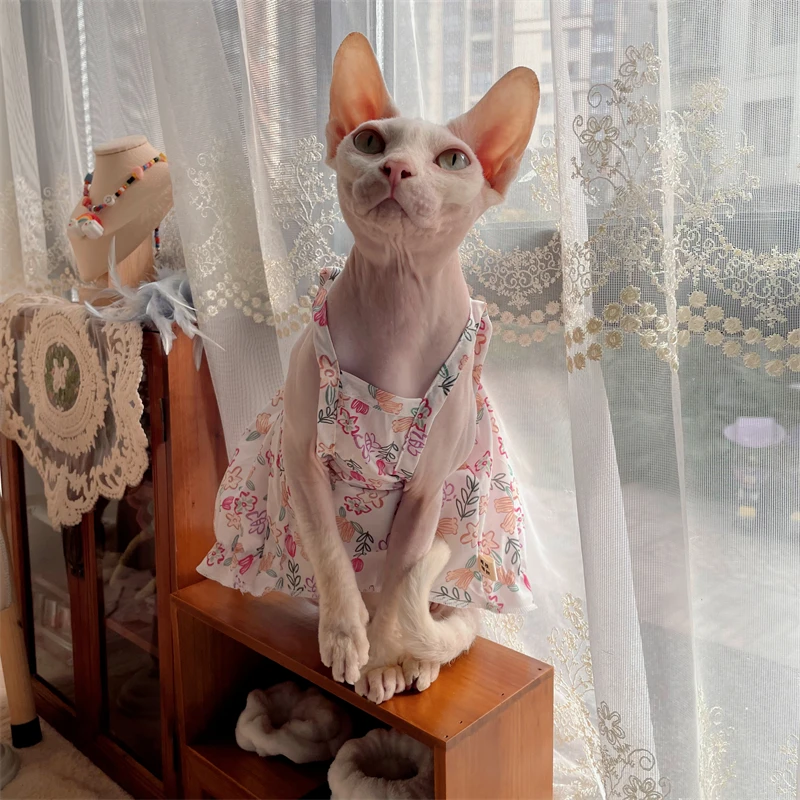 Sphynx Cat Slip Dress Lace Floral Cotton Skirt para ropa de gato sin pelo Vestido de material suave para Devon Rex Summer Spring Outwear - imagen 3
