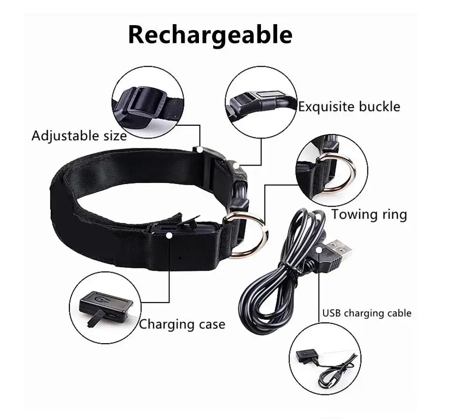 Collar LED para perros recargable por USB, Collar luminoso y de alta visibilidad iluminado para razas pequeñas, medianas y grandes, para caminar por la noche de mascotas - imagen 3