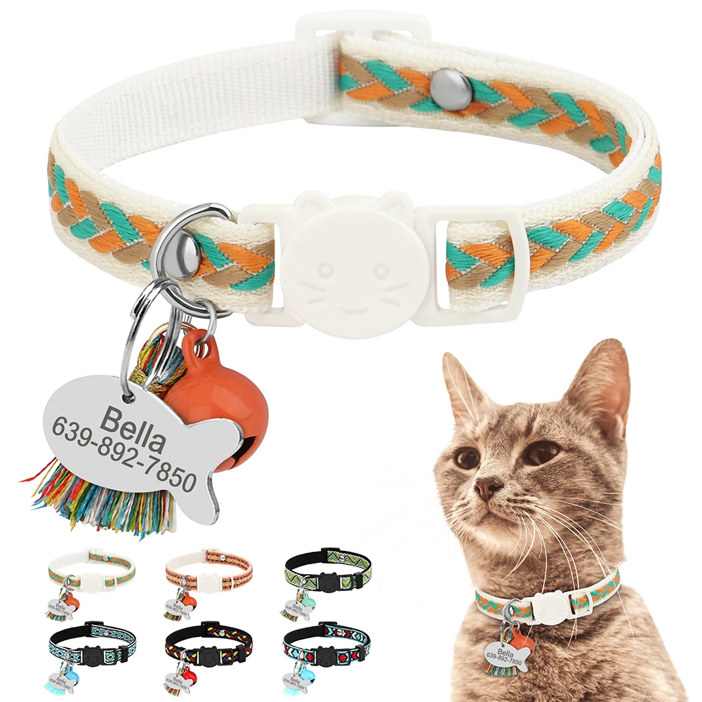 Collar de gato personalizado, collares de gato pequeños personalizados de seguridad de liberación rápida, placa de identificación grabada gratis con bonita campana