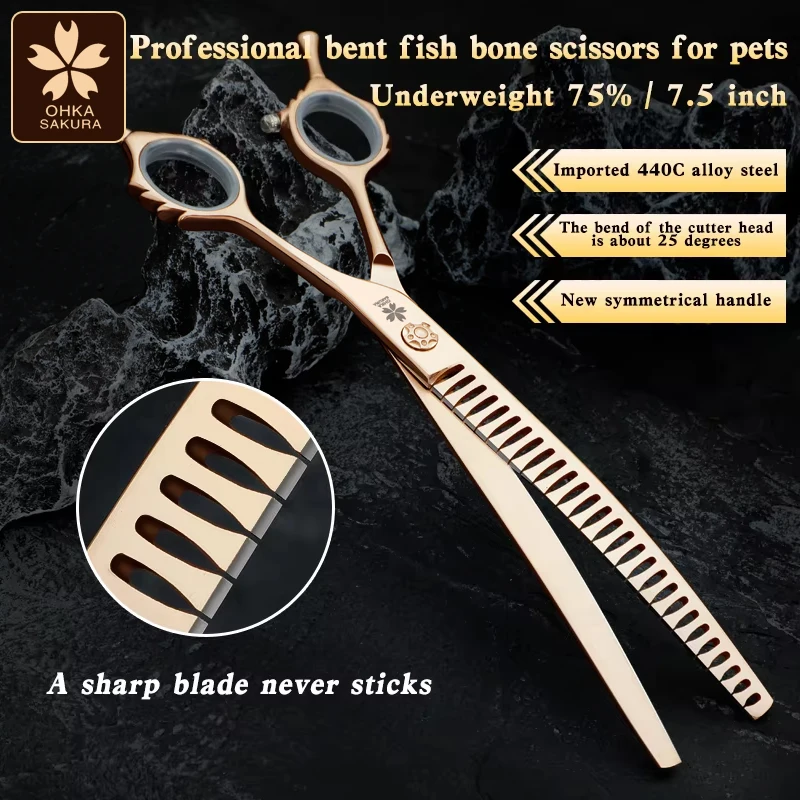 Tijeras profesionales de peluquero para mascotas, herramienta de corte de Pomerania de peluche con borde curvo y hueso de pescado, 7,5"