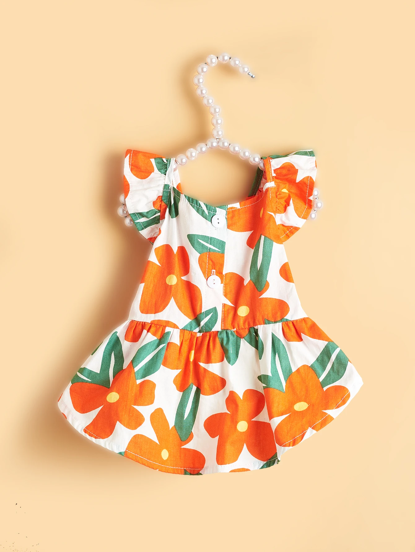Vestido de verano para perro, estampado Floral naranja con hojas verdes, mangas con volantes, falda bonita para cachorro, ropa para mascotas pequeñas, vestidos - imagen 3