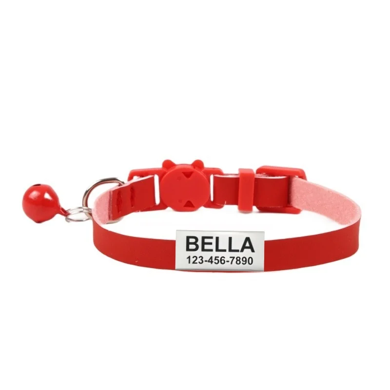 Collar de gato de liberación rápida personalizado, Collar con etiqueta de nombre de identificación de cuero PU suave, Collar ajustable para gatos y perros pequeños - imagen 2