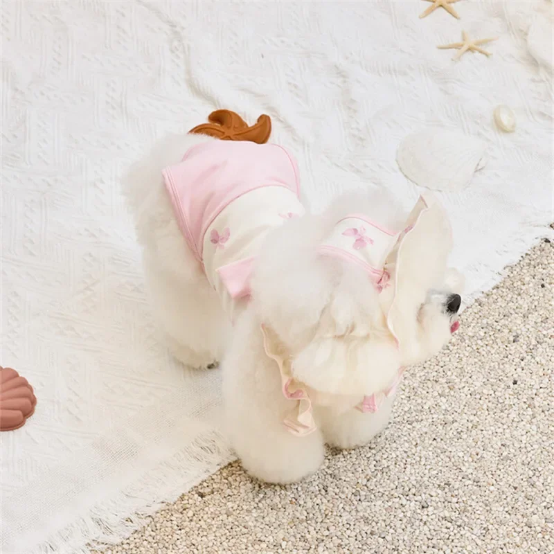 1/Set de traje de baño estampado de verano para perros, traje de baño con tirantes y lazo rosa para gatos, traje de baño de dos piernas a la moda, mono para mascotas, ropa para perros de peluche, ropa para cachorros - imagen 3