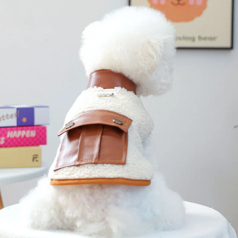 Abrigo polar de lujo para perros, ropa de invierno con bolsillo de PU, disfraz para perros pequeños, traje sin mangas de perro salchicha york, chaleco para cachorros, chaqueta, ropa - imagen 2