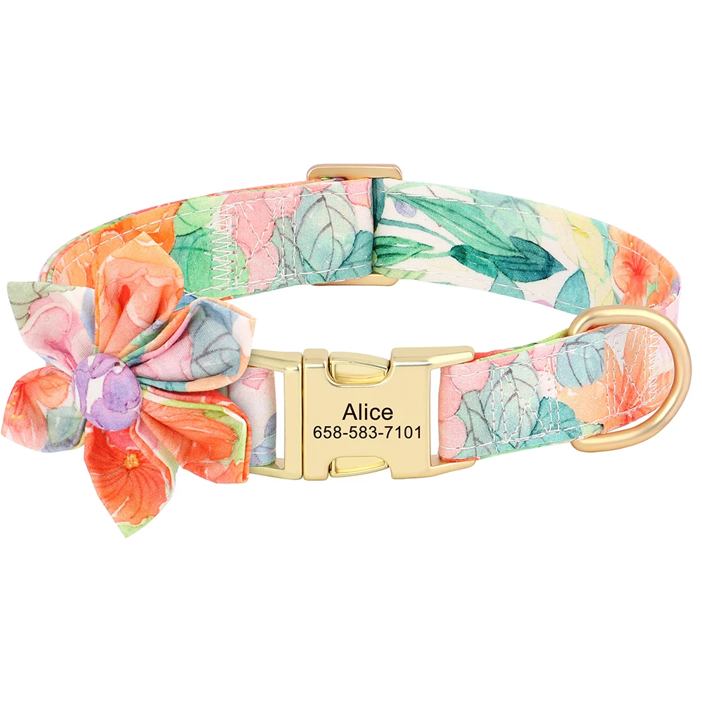 Collar de perro personalizado con estampado de nailon, collares para perros, Collar de identificación personalizado para mascotas con bonita flor para perros pequeños, medianos y grandes, Pug - imagen 2