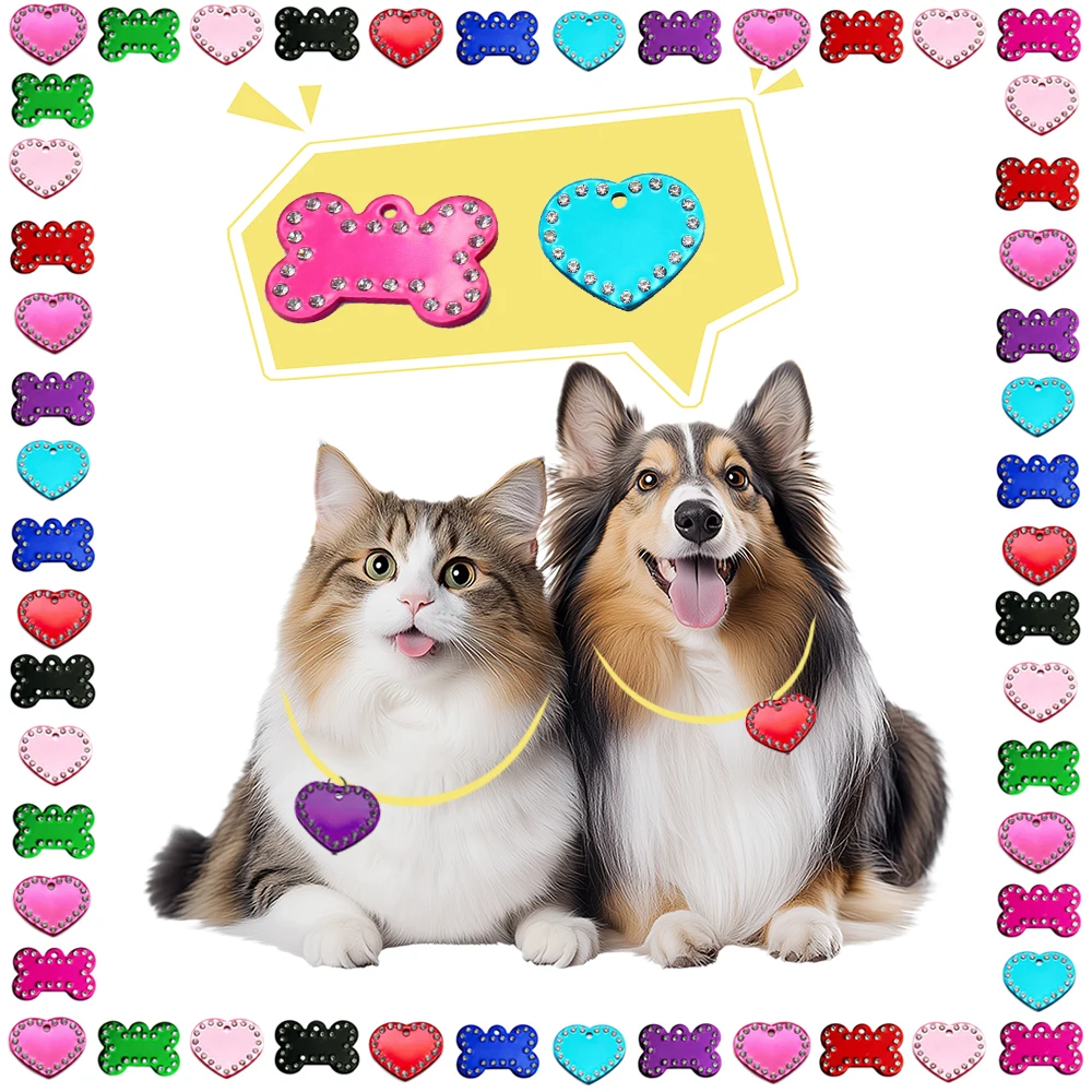 100 Uds venta al por mayor Collar para mascotas identidad con etiqueta de diamante identificación de gato etiqueta de personalidad grabado láser nombre teléfono COLLAR COLGANTE