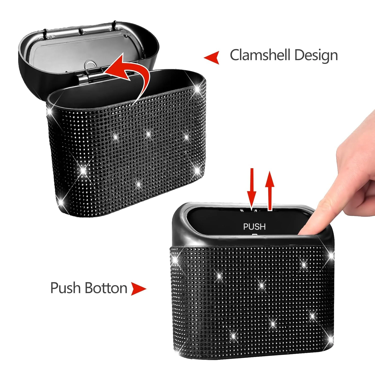 Bote de basura para coche con incrustaciones de diamantes de imitación artificiales con 60 bolsas de basura especiales, caja de almacenamiento colgante para Interior de coche con tapa automática, accesorios multifuncionales para coche - imagen 2