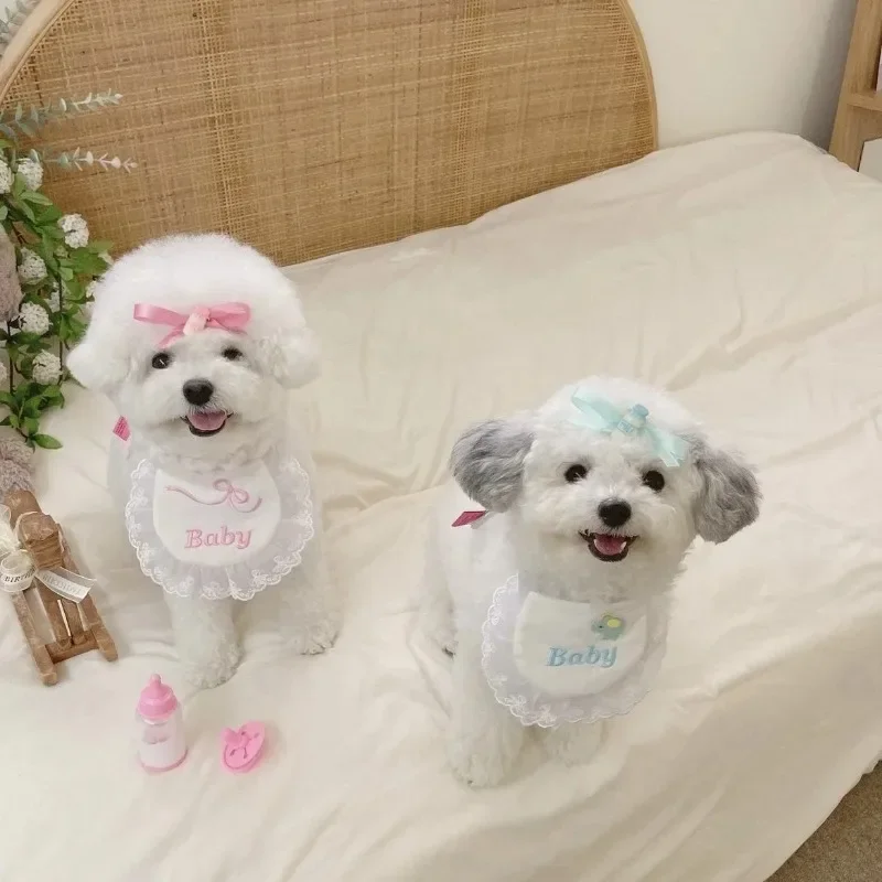 INS lindo encaje botella arco Baberos para mascotas algodón cómodo gato perro baba toalla cachorro Clip para el pelo conjunto decoraciones Collar accesorios para perros - imagen 5