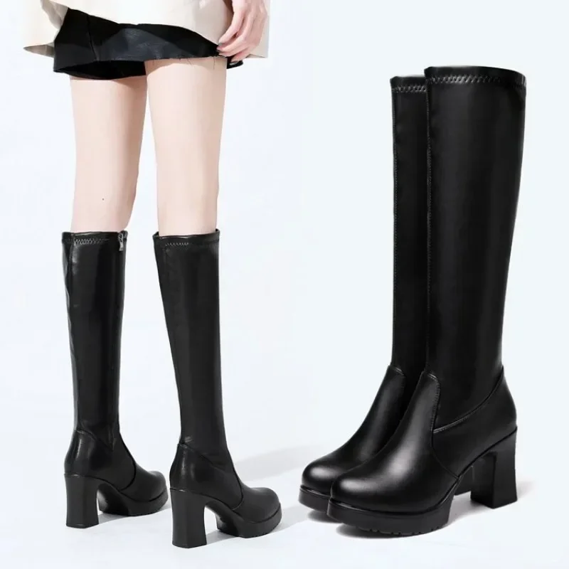 Botas largas de tacón alto para Mujer, zapatos cálidos por encima de la rodilla con plataforma y tacón grueso, color negro, invierno, 2024 - imagen 5