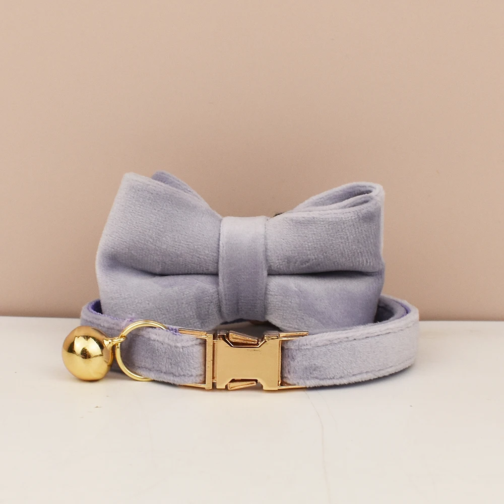 Collar de gato con lazo personalizado con grabado de campana, placa de identificación, Collar de gatito, juego de correa de terciopelo 46 - imagen 3