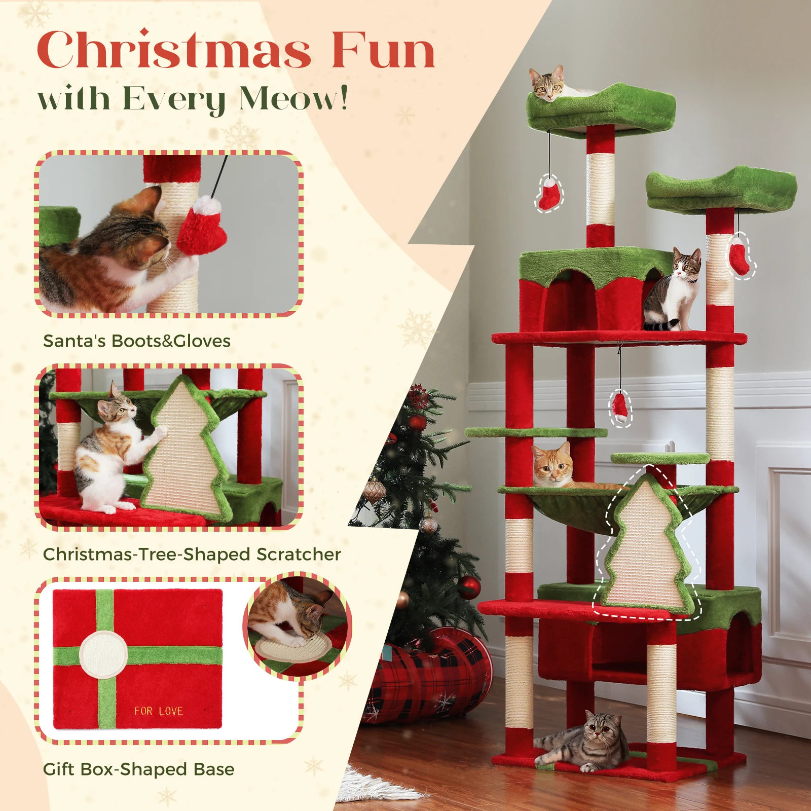 Árbol de Navidad para gatos de interior, torre para gatos de varios niveles con postes rascadores, perchas de hamaca acogedoras, juguetes grandes para gatos Condo - imagen 3