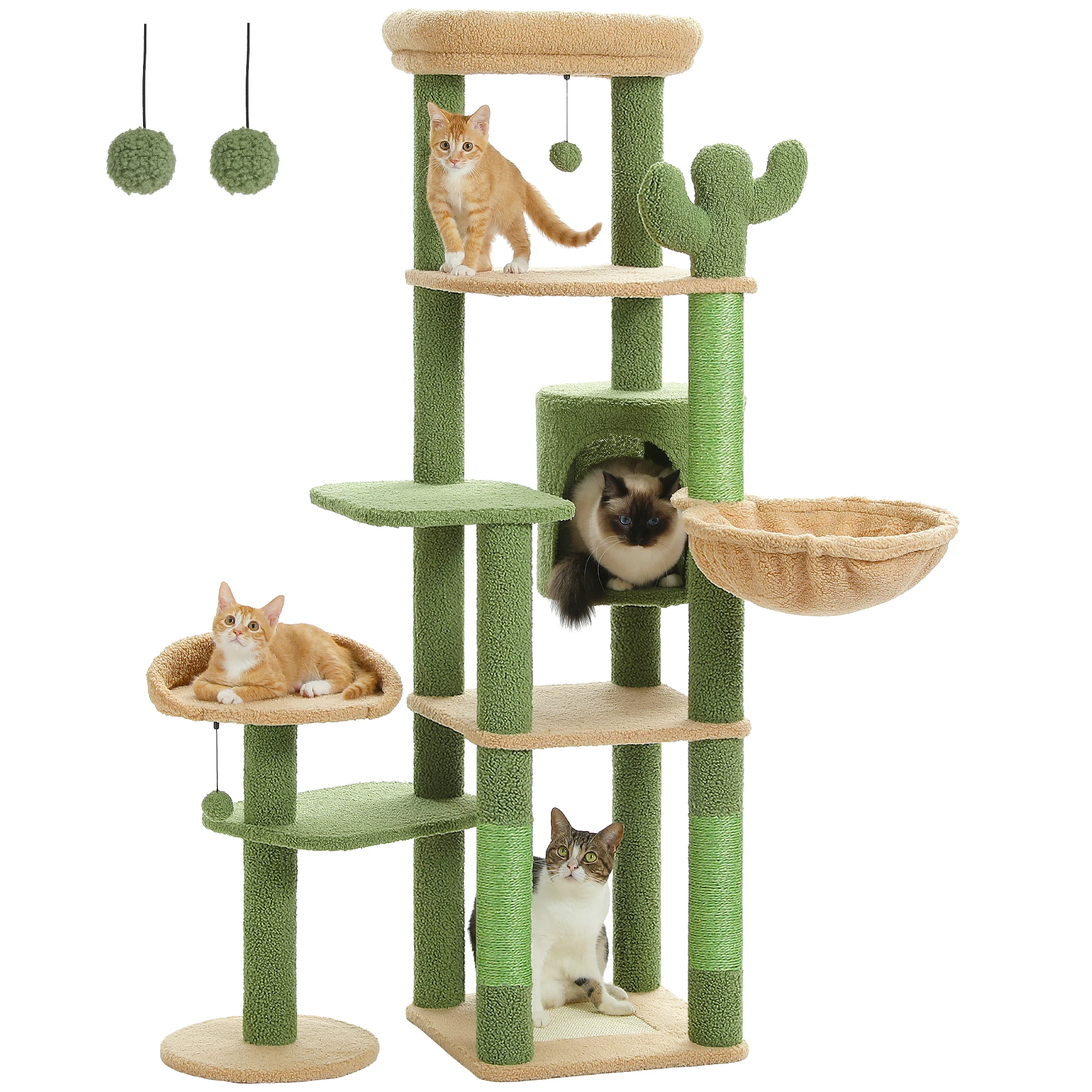 Torre de árbol para gatos multifuncional con 3 palos de pompones extraíbles, percha superior grande y acogedora, hamaca grande, lindo Condo redondo para gatos, juguetes para gatos - imagen 5