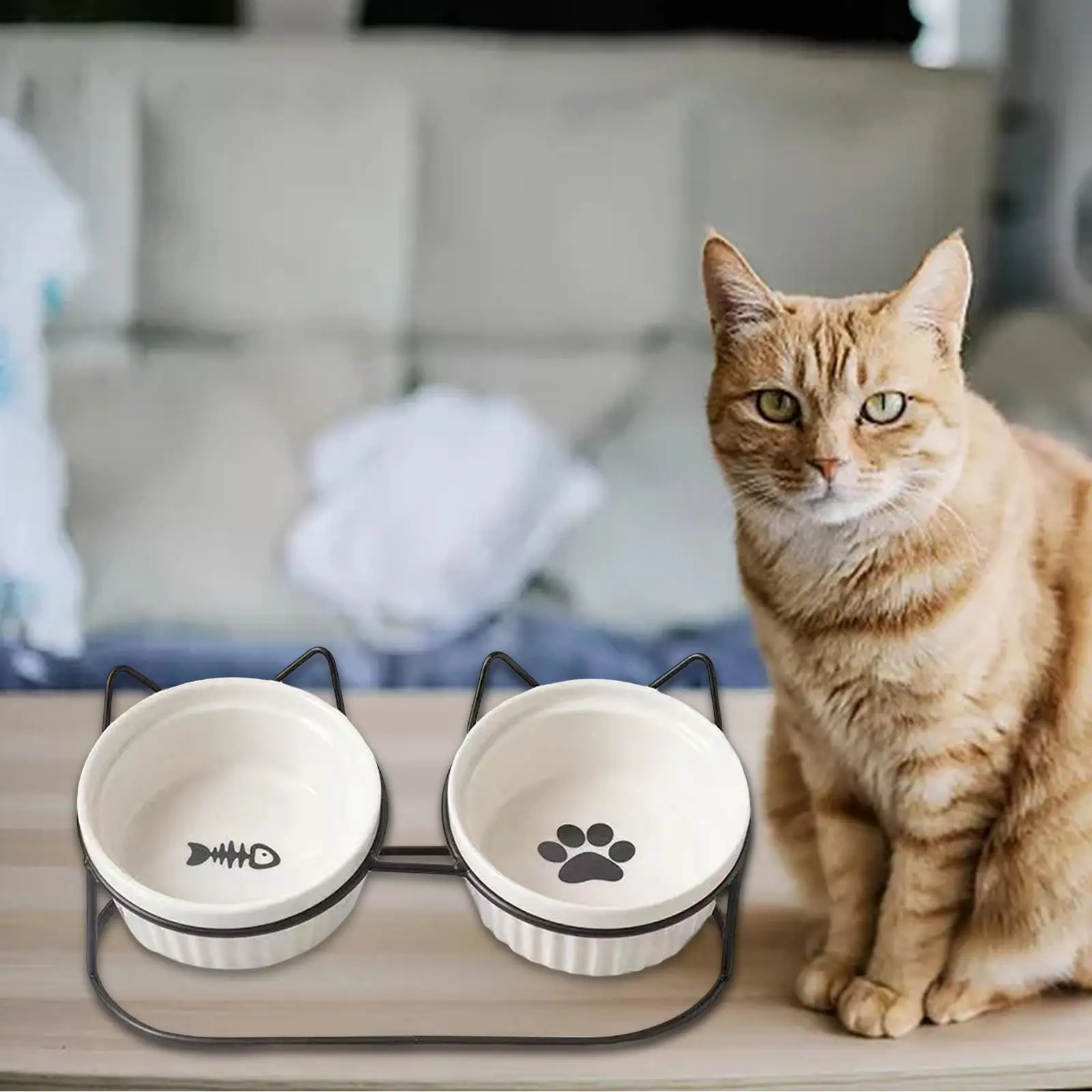 Ceramic Double Cat Dog Bowl Separable Raised Cat Dish with Iron Holder Shelf Non