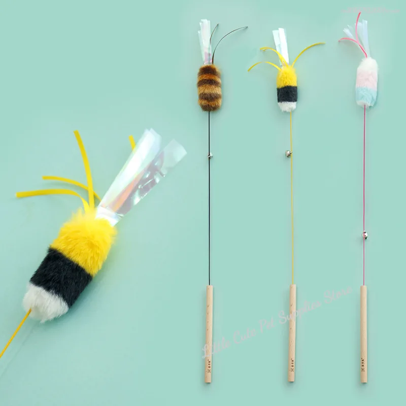Juguete para gatos, pluma de abeja, juguetes interactivos para gatos, oruga divertida, varilla colorida, bola de pelo, varita teaser, suministros para mascotas - imagen 2