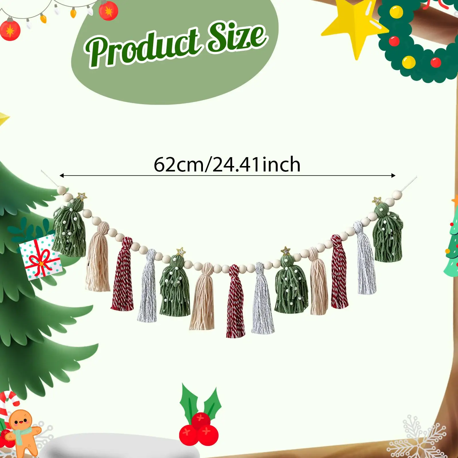 Christmas Tassel Garland Tassel Banner Backdrop Prop Decorative Hanging Banner for Fireplace Bedroom Party Holiday Decor