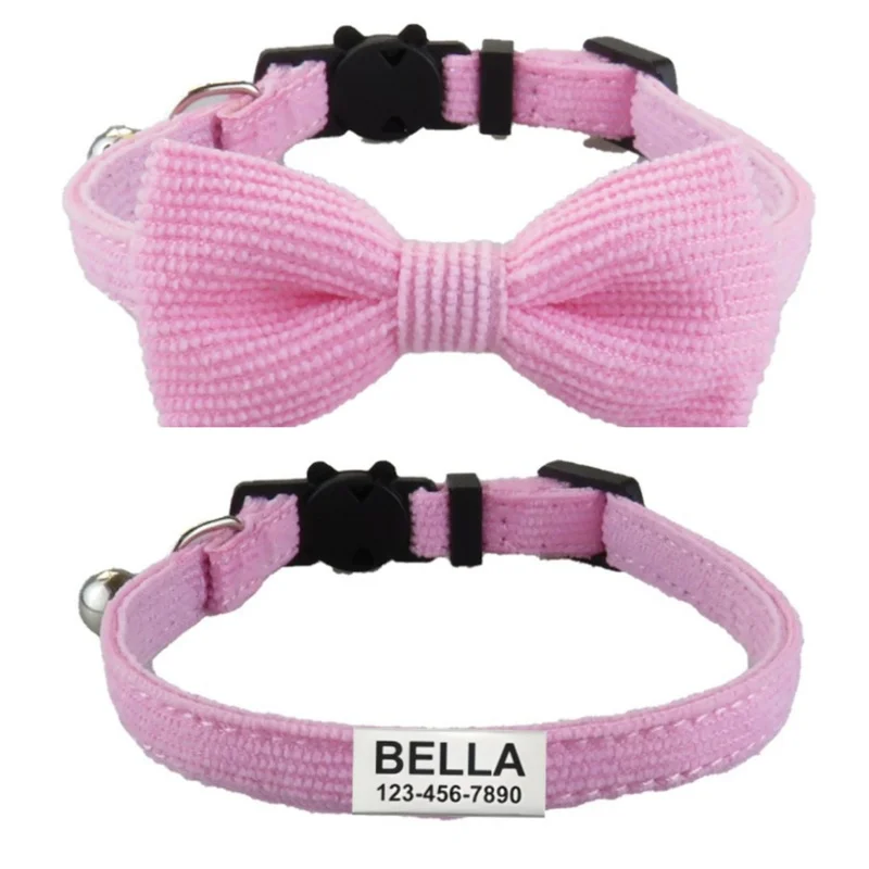 Collar de gato de pana con hebilla de seguridad ajustable personalizado con campana de arco, etiquetas de nombre de identificación y número de teléfono personalizados para perros y gatos pequeños - imagen 4