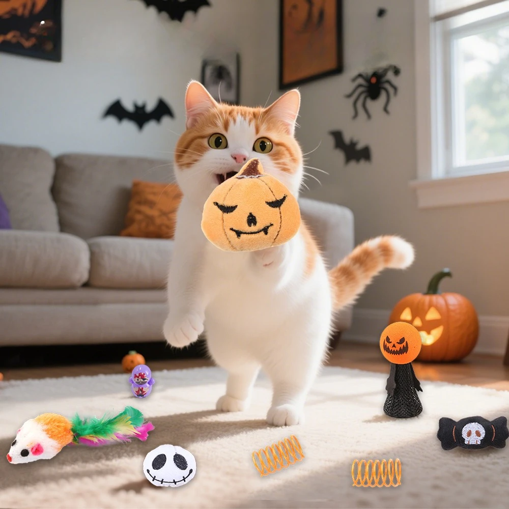 Divertido juego de juguetes de Halloween para gatos para aliviar el aburrimiento, juguetes para masticar para gatos, murciélagos interactivos, arañas, juguete en forma de calabaza, productos para mascotas - imagen 3