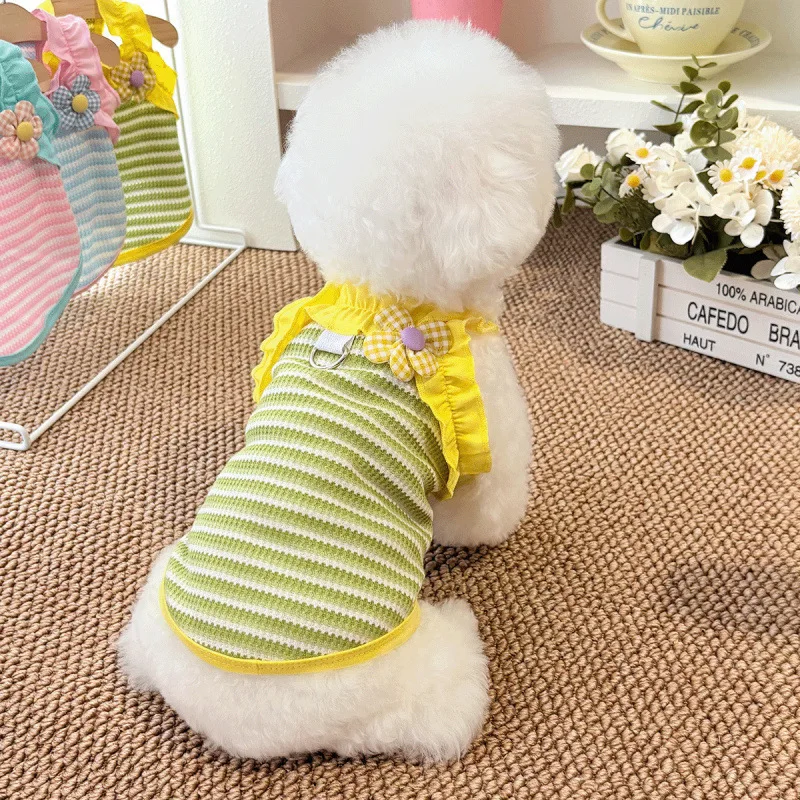 Chaleco con lazo de color caramelo para mascotas, camisola fina a rayas para gatos, Top de peluche para mascotas, ropa para cachorros, refrigeración para perros - imagen 3