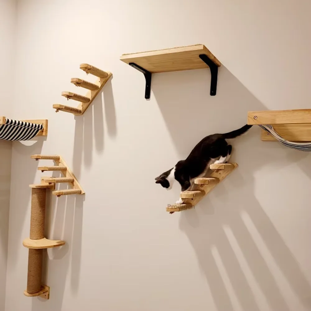 Muebles de madera montados en la pared para gatos, estantes para escalar escaleras con poste para rascar y perca para gatitos, cuidado y juego de las garras - imagen 4
