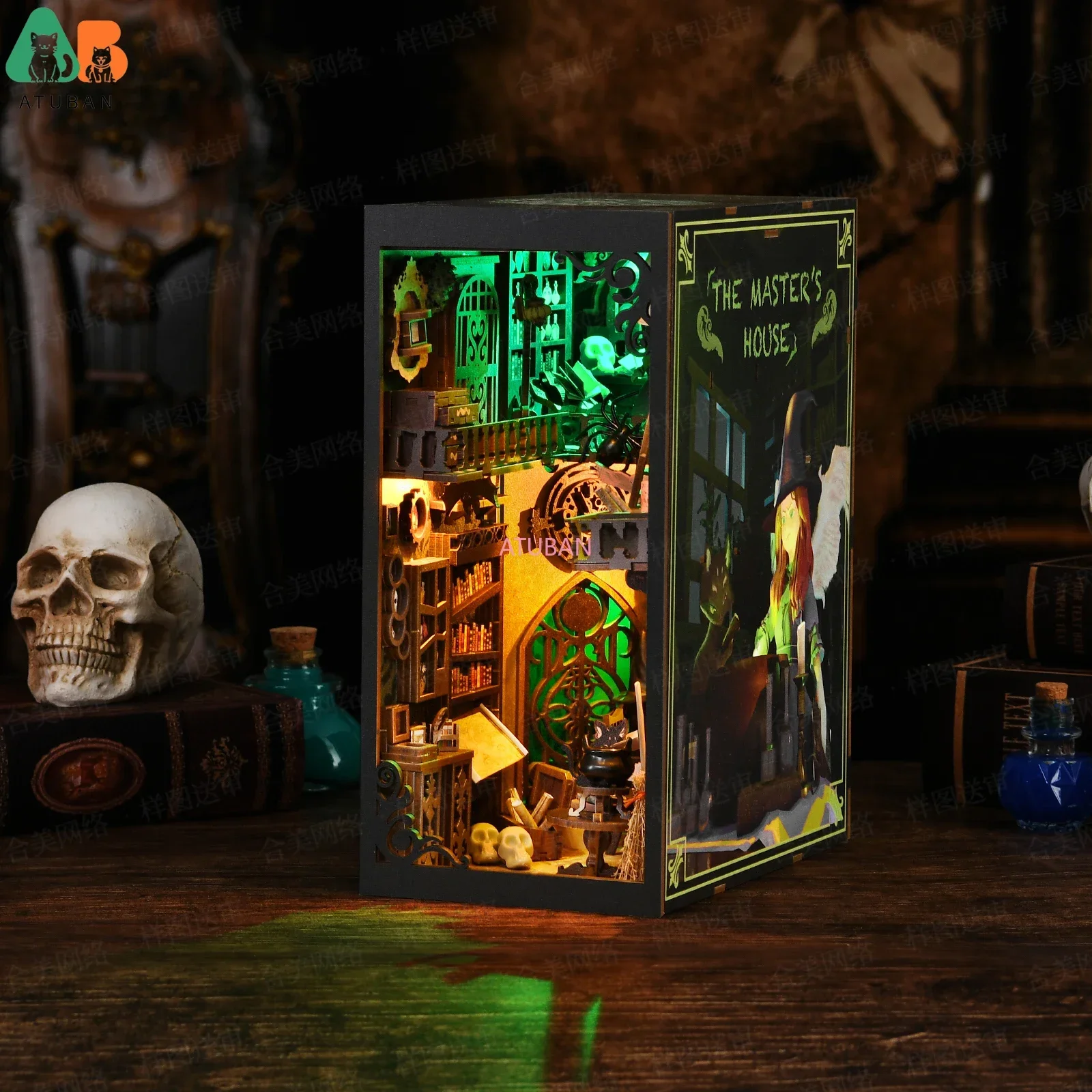 Kit de rincón de libros, kit de estantería de casa de muñecas en miniatura DIY, sujetalibros de rompecabezas de madera 3D, decoración de inserción de estantería, luz LED para adolescentes y adultos - imagen 3